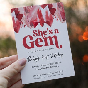 Editable She’s a Gem Ruby Crystal First Birthday Invitation  Template | Self Editable GemStone Geode Wedding Bridal Shower Invite 1108