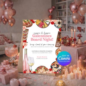 Bewerkbare Galentine's Girls Board Night Uitnodiging Canva-sjabloon Valentijnsdagfeest DIY Board Night BYOB Charcuterie 2408
