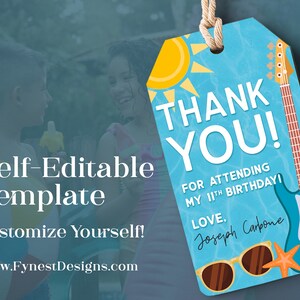 May include: A blue and white thank you tag with a guitar, sunglasses, and a starfish. The text on the tag reads "Thank You! For attending my 11th birthday! Love, Joseph Carbone".