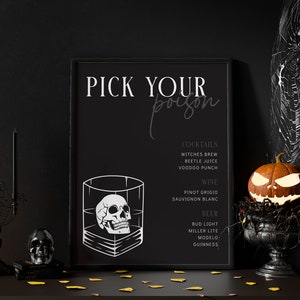 Editable Halloween Table Sign Self Edit Template Pick your Poison Gothic Bachelorette Birthday Party Spooky Bridal Shower Self Edit 2102