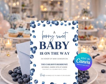 Edytowalny szablon zaproszenia na baby shower z jagodami i słodkim bobem | Kaligrafia jagodowa dla obu płci 1506