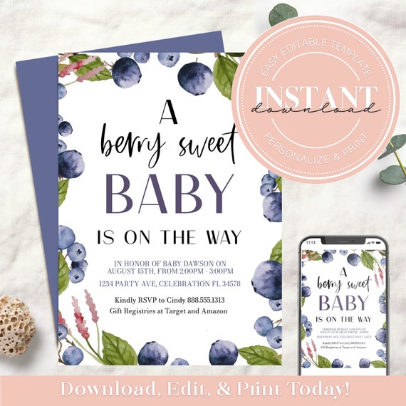 Editable A Berry Sweet Baby is on the Way Baby Shower Invitation