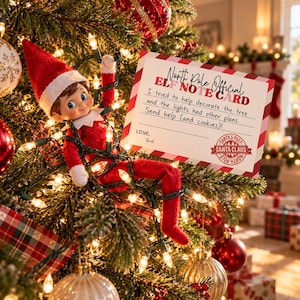 May include: A plush elf doll in a red suit and hat tangled in Christmas tree lights next to a rectangular card that reads North Pole Official ELF NOTE CARD, I tried to help decorate the tree and the lights had other plans. Send help (and cookies)!