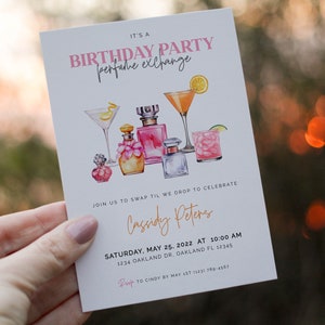 Bewerkbare parfumthema's sjabloon uitnodiging feest Parfumruil Verjaardag Bruidswinkel Happy Hour Cocktails uitnodigen 2610