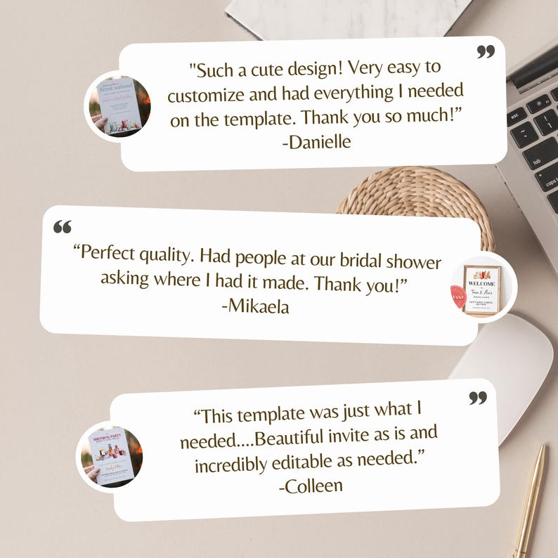 Puede incluir: Tres burbujas de texto rectangulares blancas que contienen rese&ntilde;as de clientes. La primera dice: "Such a cute design! Very easy to customize and had everything I needed on the template. Thank you so much!" -Danielle. Las otras contienen comentarios similares.