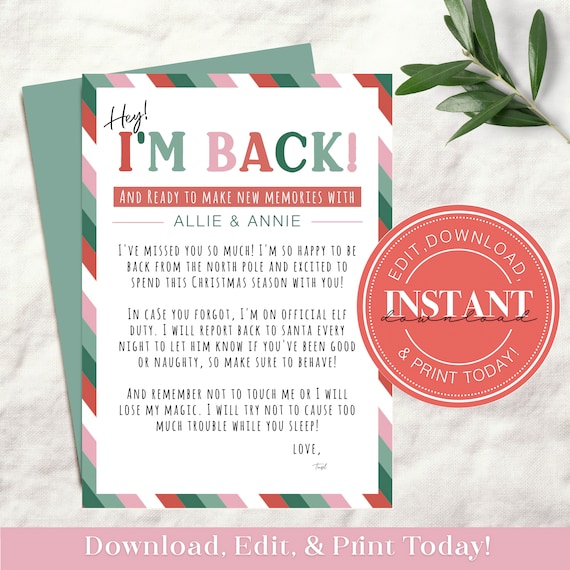 Editable Christmas Elf Returning Printable Letter  Im Back