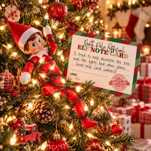 May include: A plush elf doll in a red suit and hat tangled in Christmas tree lights next to a rectangular note card that reads North Pole Official Elf Note Card, I tried to help decorate the tree and the lights had other plans. Send help (and cookies)!