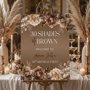 Puede incluir: Un letrero rectangular sobre un caballete dorado con ilustraciones florales marrones en la parte superior e inferior. El texto dice: 30 SHADES of BROWN WELCOME TO Anpreon Smith's 30TH BIRTHDAY PARTY! El fondo es un degradado de tonos marrones.