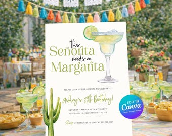 Plantilla editable de Canva para invitación de cumpleaños "Esta señorita necesita una margarita" / Idea para despedida de soltera mexicana 2804