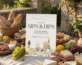 May include: A rectangular party invitation card featuring the text JOIN US FOR A SIPS & DIPS, THE CARLSON'S RESIDENCE, SATURDAY, MARCH 10TH AT 6:00PM, 1234 PARTY LN, CELEBRATION FL 12345, and RSVP BY MARCH 1ST TO CINDY AT 555-123-4567.