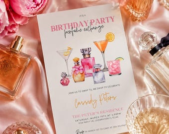 Plantilla editable de Canva para invitación a fiesta temática de perfumes: intercambio de perfumes, cumpleaños, despedida de soltera, happy hour, cócteles. 2610