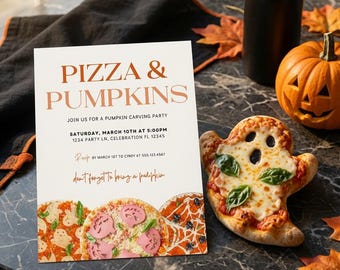 May include: A rectangular invitation card with the text PIZZA & PUMPKINS, JOIN US FOR A PUMPKIN CARVING PARTY, SATURDAY, MARCH 10TH AT 5:00PM, 1234 PARTY LN, CELEBRATION FL 12345, RSVP BY MARCH 1ST TO CINDY AT 516.123.4567, don't forget to bring a pumpkin.