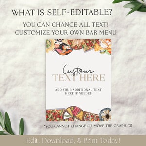 May include: A printable digital template for a bar menu with a watercolor illustration of a variety of food items, including sushi, cheese, and charcuterie. The text reads "Custom Text Here" and "Add your additional text here if needed".