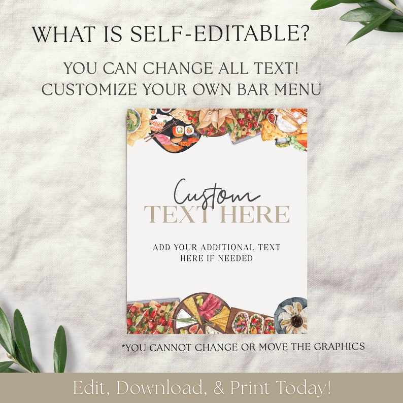 May include: A printable digital template for a bar menu with a watercolor illustration of a variety of food items, including sushi, cheese, and charcuterie. The text reads "Custom Text Here" and "Add your additional text here if needed".