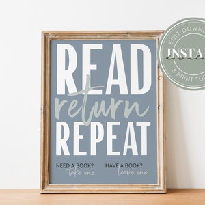 Editable Home Free Library Sign | Read Return Repeat Rental Home Customizable Sign Instant Download Need a Book Take Have one Leave One 3004