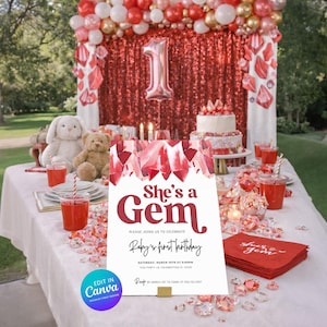 Editable She’s a Gem Ruby Crystal First Birthday Invitation Canva Template | Self Editable GemStone Geode Wedding Bridal Shower Invite 1108
