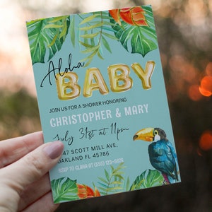 Editable Aloha Baby Shower Invitation Template Gender Neutral Unisex Jungle Tropical Leaves Toucan Hawaiian Luau Birthday Ideas 603