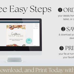 May include: A computer screen displaying a website with a design template for a food-themed event. The template features a colorful illustration of various food items and the text "Custom Text Here". The website also includes instructions on how to order, save, and print the design.