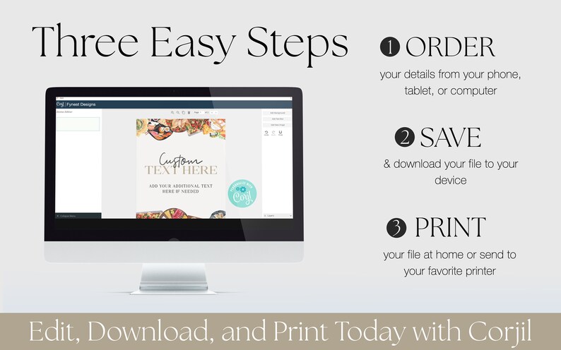 May include: A computer screen displaying a website with a design template for a food-themed event. The template features a colorful illustration of various food items and the text "Custom Text Here". The website also includes instructions on how to order, save, and print the design.