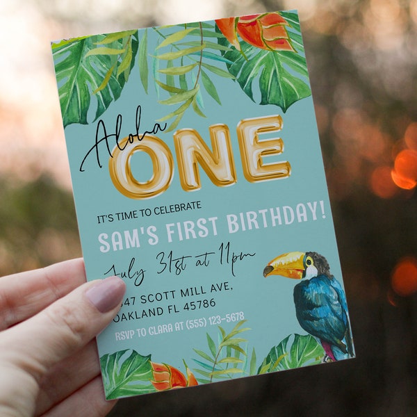 Editable Aloha One Birthday Party Invitation | Gender Neutral Jungle Tropical Leaves Toucan 1st Birthday | Hawaiian Luau Birthday Ideas 603