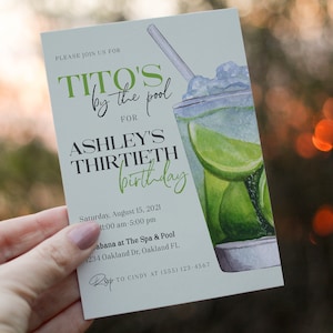 Editable Watercolor Titos by the pool Invitation Template | Cocktails Self Editable Birthday Invite | Print Today Watercolor Vodka Soda 2601