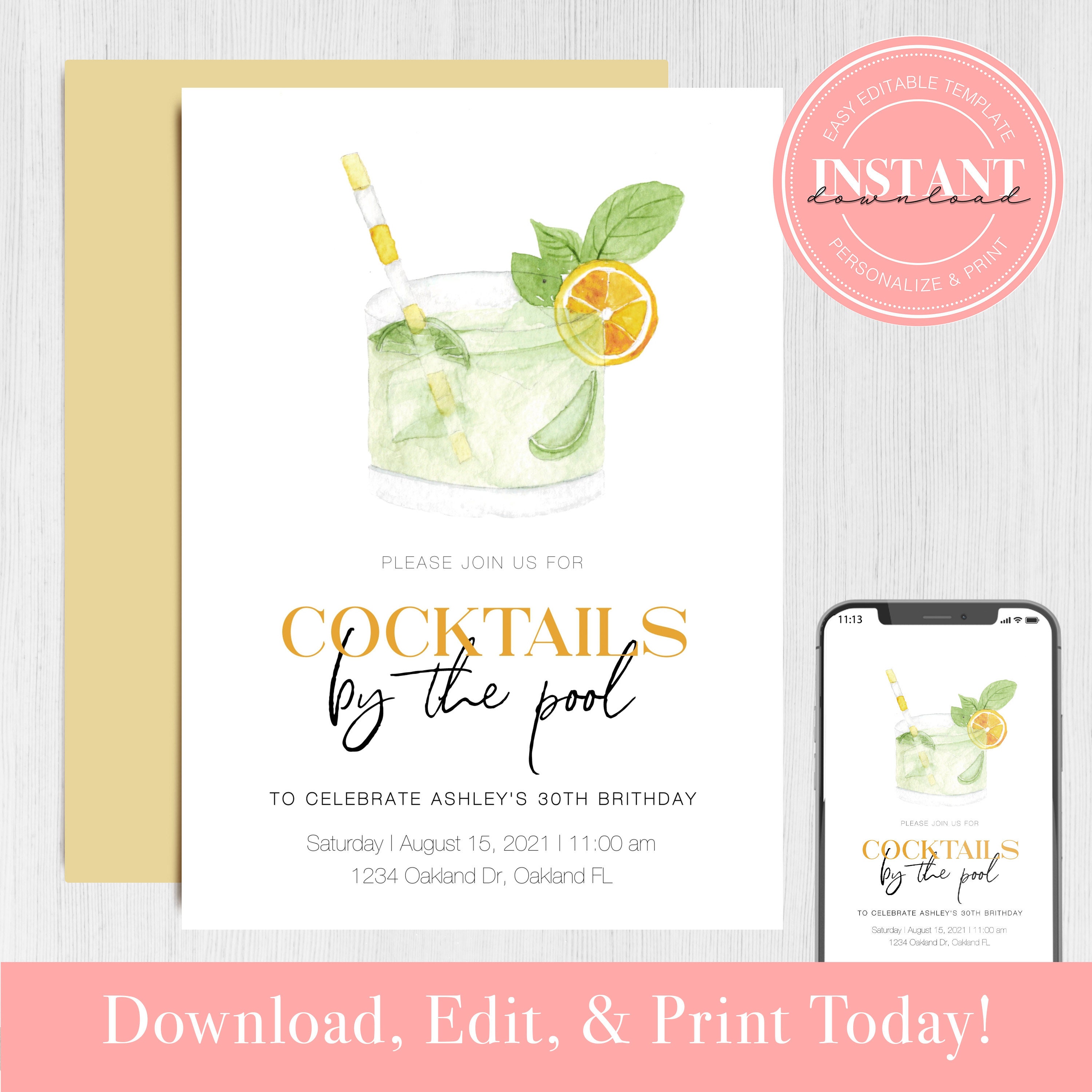 Editable Watercolor Cocktails by the Pool Invitation Template - Etsy