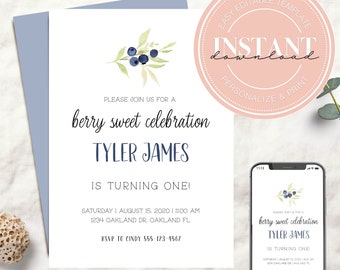 Editable Berry Blueberry First Bday Invitation | A Berry Sweet Celebration Calligraphy Unisex | Instant Download One Birthday Simple 1503