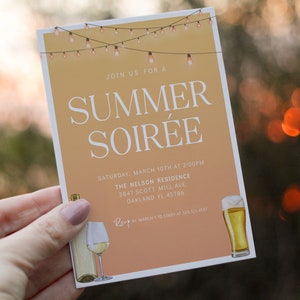 Invitación para fiesta de verano en la piscina: plantilla editable en Corjl, temática de cóctel al amanecer, barbacoa en el jardín o noche de chicas (2602)