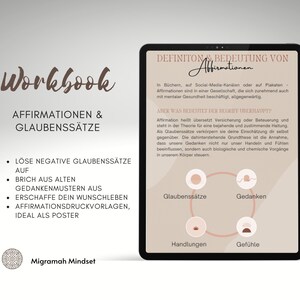 Könnte beinhalten: Ein digitales Workbook mit dem Titel "Workbook Affirmationen & Glaubenssätze" und einer Liste mit Stichpunkten: "Löse negative Glaubenssätze auf", "Brich aus alten Gedankenmustern aus", "Erschaffe dein Wunschleben", "Affirmationsdruckvorlagen, ideal als Poster". Das Workbook enthält außerdem ein Diagramm mit den Wörtern "Glaubenssätze", "Gedanken", "Handlungen" und "Gefühle" in einem Kreis.