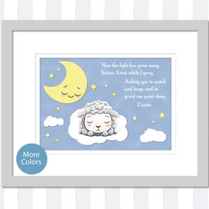 May include: A blue and white nursery print with a yellow moon, white clouds, and a white sheep. The print features the text "Now the light has gone away Savior, listen while I pray Asking you to watch and keep, and to grant me quiet sleep. Carter"