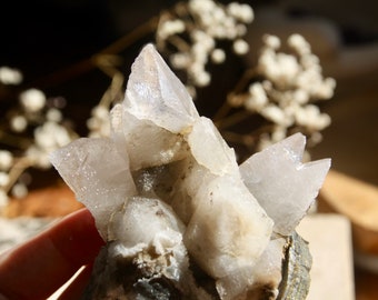 calcite dent de chien sur géode de quartz / Natural Dog Tooth Calcite On Drusy Quartz Clusters