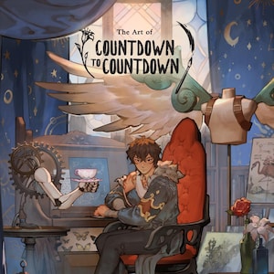 Könnte beinhalten: Künstlerische Illustration mit dem Text "The Art of Countdown to Countdown". Dargestellt ist eine Person an einem Schreibtisch, mit einem mechanischen Arm, der eine Tasse hält. Enthält einen roten Stuhl und künstlerische Elemente.