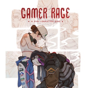 May include: A digital illustration of two characters from the video game Overwatch. The characters are D.Va and Ramattra. D.Va is wearing a white and pink outfit and a white baseball cap. Ramattra is wearing a black and brown suit of armour. The illustration is titled "Gamer Rage: A D.Va + Ramattra Zine" and is signed "By @velsmells".
