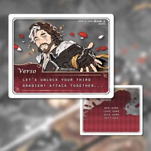 Op de afbeelding: Een digitale kunstkaart in anime-stijl met het personage Verso, bruin haar en een witte streep. De kaart bevat de tekst "LET'S UNLOCK YOUR THIRD GRADIENT ATTACK TOGETHER..." en een menu met spelopties.
