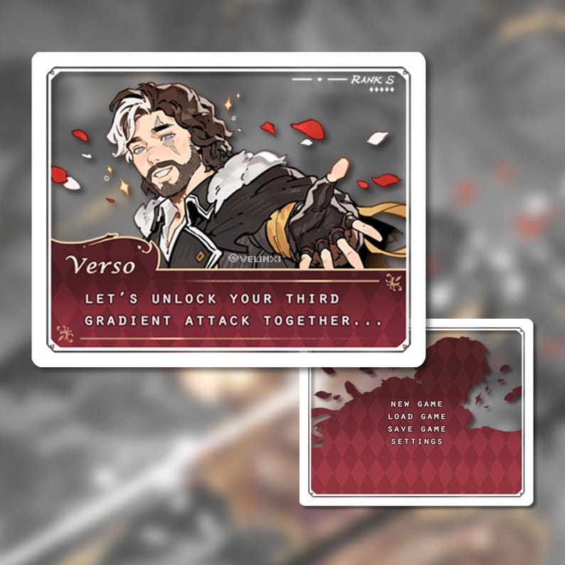 Op de afbeelding: Een digitale kunstkaart in anime-stijl met het personage Verso, bruin haar en een witte streep. De kaart bevat de tekst "LET'S UNLOCK YOUR THIRD GRADIENT ATTACK TOGETHER..." en een menu met spelopties.