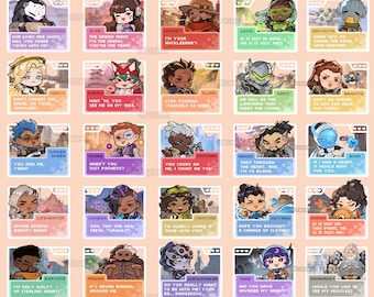 May include: A set of 28 illustrated cards, each depicting a character from Overwatch with a quote. The cards are in a trading card style, with a light pink background. Each card features a character portrait and name.