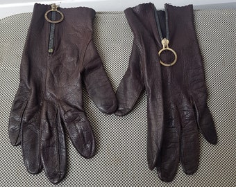 Vintage c1960s Brown Leather Gloves with Zip