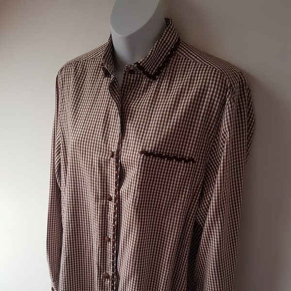 Vintage Brown & White Gingham Cotton Shirt with Zig Zag Trim Size L