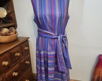 Vintage 1980s Dereta Purple Block Stripe Drop Waist Dress Size L
