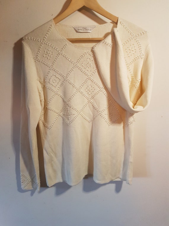Vintage 1990s Pearl Beaded Cream Knitted Jumper S… - image 1