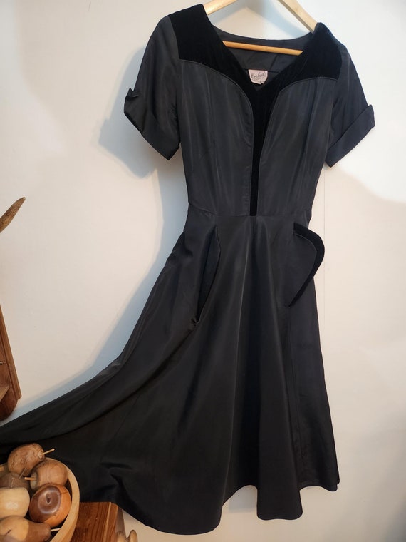 vintage 1940's cocktail dresses Vintage Velvet Off-Shoulder Ruched Midi Bardot Dress | Retro Cocktail Party Dress