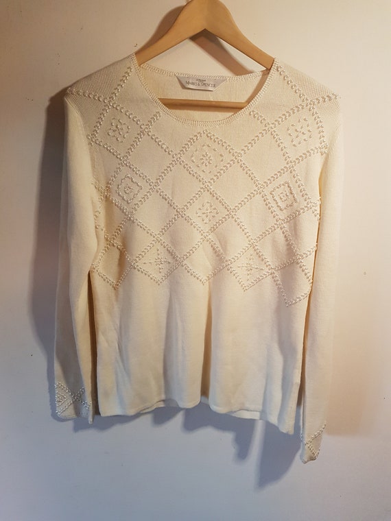 Vintage 1990s Pearl Beaded Cream Knitted Jumper S… - image 2