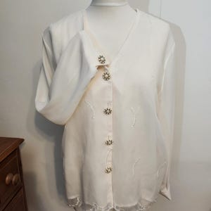 Vintage 1970s Cream Sheer Pearl Button Embroidered Blouse Size XL