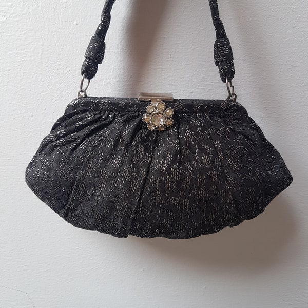 1950/60s Black & Grey Diamonte Floral Clasp Handbag