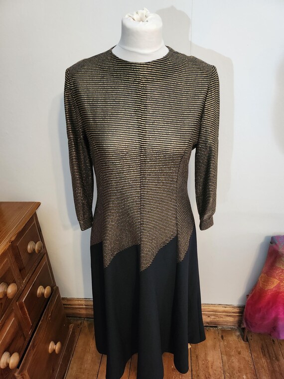 Vintage 1970s Gold & Black Glitter Zig Zag Dress Size M