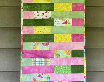 Summer Fruit Tablerunner, Cherries, Citrus, Watermelon, Pink, Green, Yellow, Table Decor, Patio Decor, Handmade USA