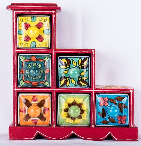 Ceramic Wooden Spice Chest Trinket Jewellery Box 6 Drawers Etsy