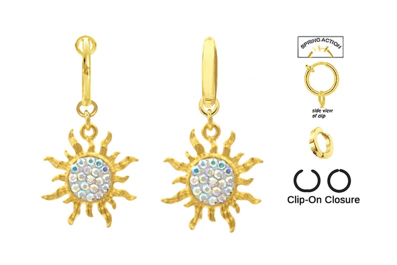 Sparkling Ab Aurora Gold Sun Celestial Sunburst Dangle Fake Belly Navel Ring both style Clip on non No Piercing needed Enjoy look no pain!
