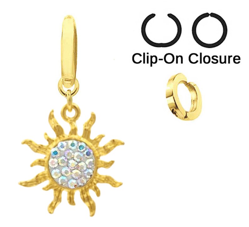 Sparkling Ab Aurora Gold Sun Celestial Sunburst Dangle Fake Belly Navel Ring both style Clip on non No Piercing needed Enjoy look no pain!