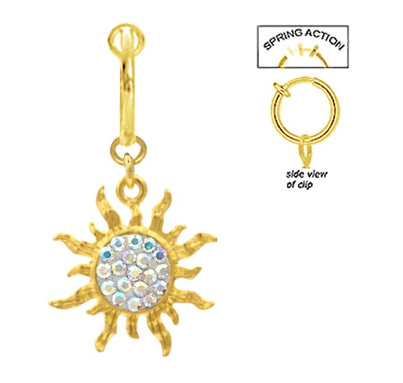 Sparkling Ab Aurora Gold Sun Celestial Sunburst Dangle Fake Belly Navel Ring both style Clip on non No Piercing needed Enjoy look no pain!